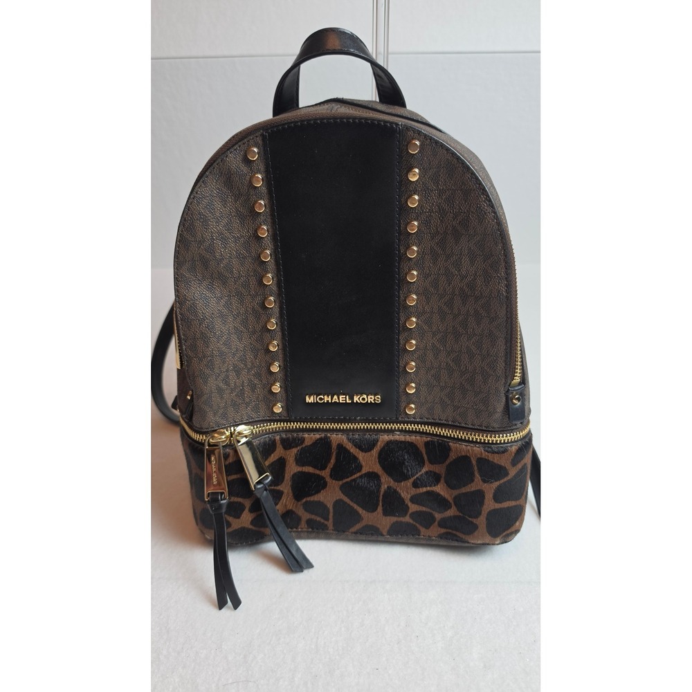 Michael Kors Rhea Medium Backpack Animal Print Calf Hair Logo Brown 30F9GEZB2L